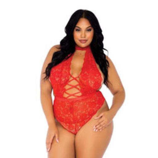 Leg Avenue Floral Lace Crotchless Teddy Red